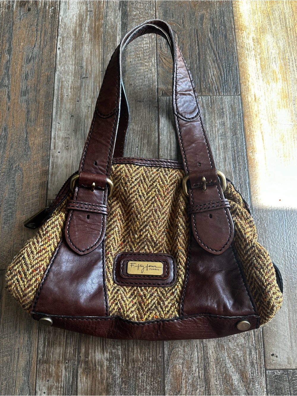 Fossil Fifty Four Vintage Y2K 2000’s Tweed Leather Buckle Shoulder Handbag Purse